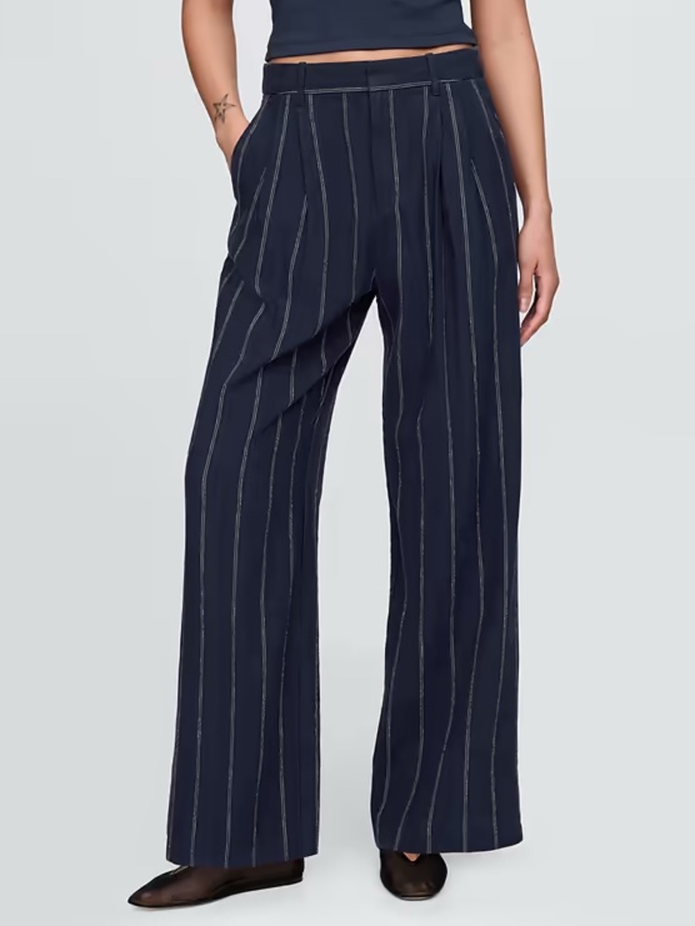 GAP 365 High Rise Linen Blend Trousers Pinstripe Wide Leg Pants Navy White 8 29